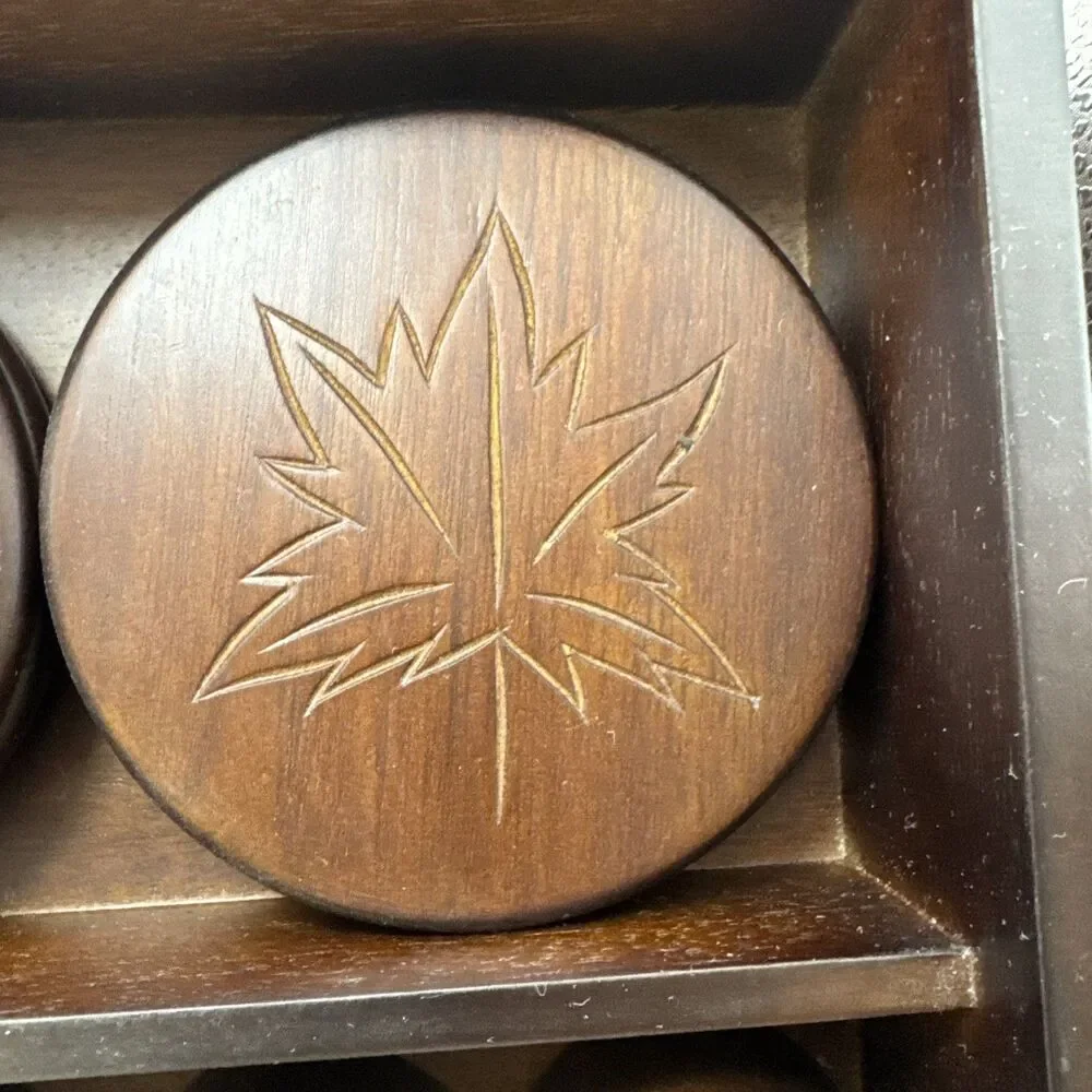 Carved Wooden leaf coasters and Napkin Rings Set of 6 each with display